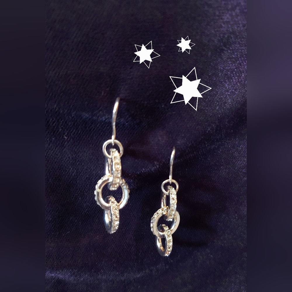 Silver Triple Circle Drop Earrings with Crystal Rhinestones